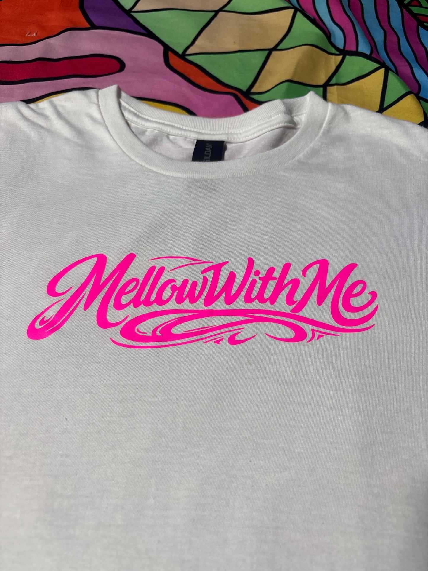 A “Mellow Motion” Pink Glow Tee Black and White