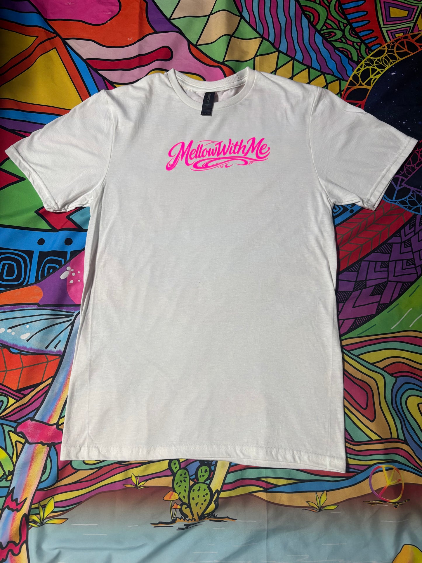 A “Mellow Motion” Pink Glow Tee Black and White