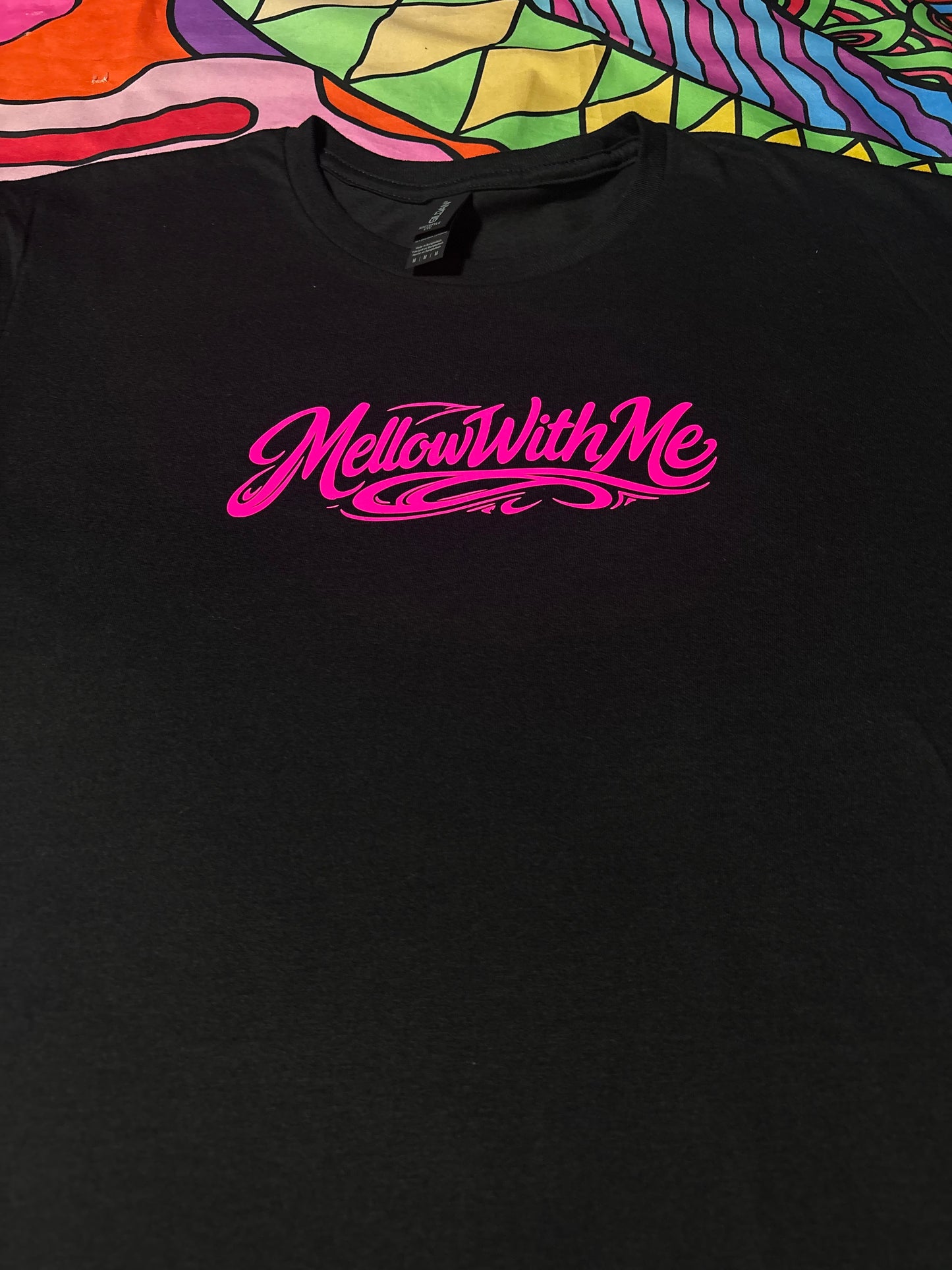 A “Mellow Motion” Pink Glow Tee Black and White