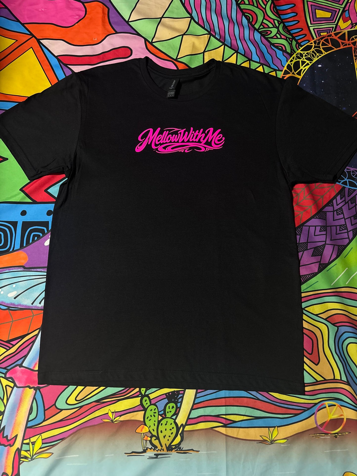 A “Mellow Motion” Pink Glow Tee Black and White